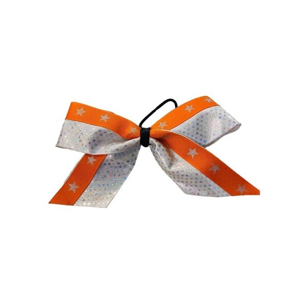 Girls Oversize Hair Bow 8" Elastic Ponytail Silver Orange Star Print - Picture 1 of 16